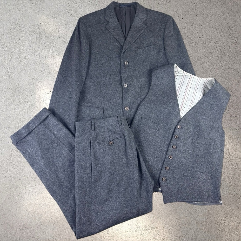Polo Ralph Lauren 3 Pc Suit Wool/Cashmere Flannel Blazer 42L Pants 31x29.5 Italy
